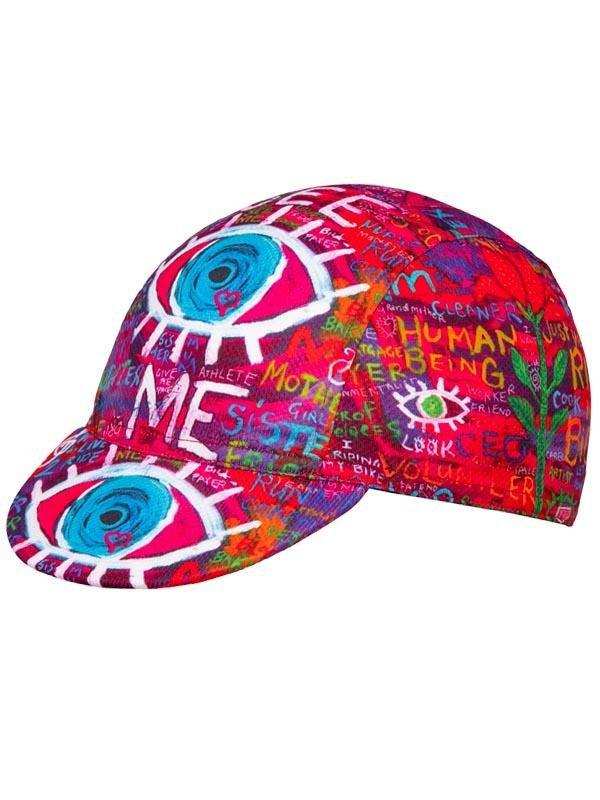 Vibrant cycling cap with bold eye graphics and colorful graffiti-style text for men and women riders.