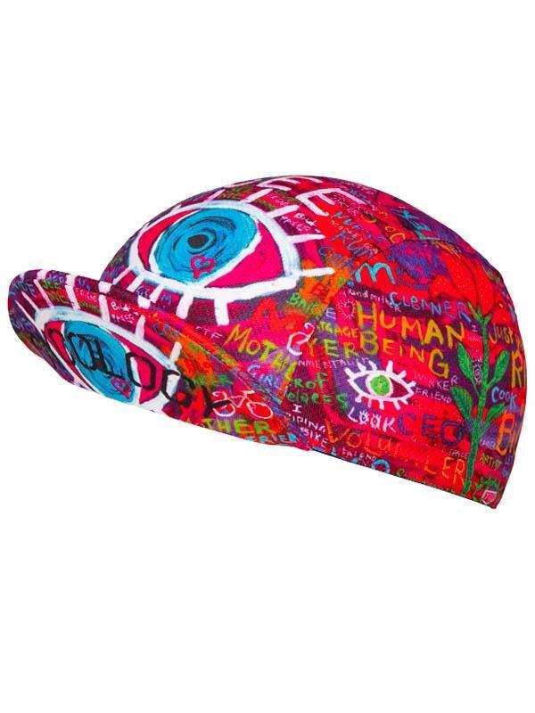 Vibrant cycling cap with bold graffiti art, eyes, and text design for men and women riders