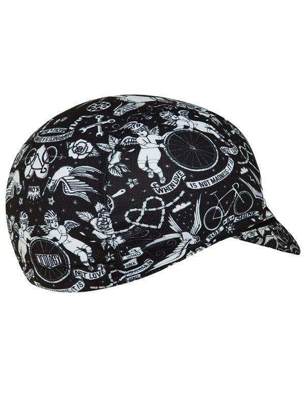 Black and white cycling cap with angel, bike, and tattoo-style graphics for men and women