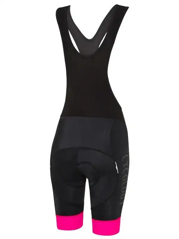 Women's black cycling bib shorts with pink hem and padded seat, ideal for road biking comfort.