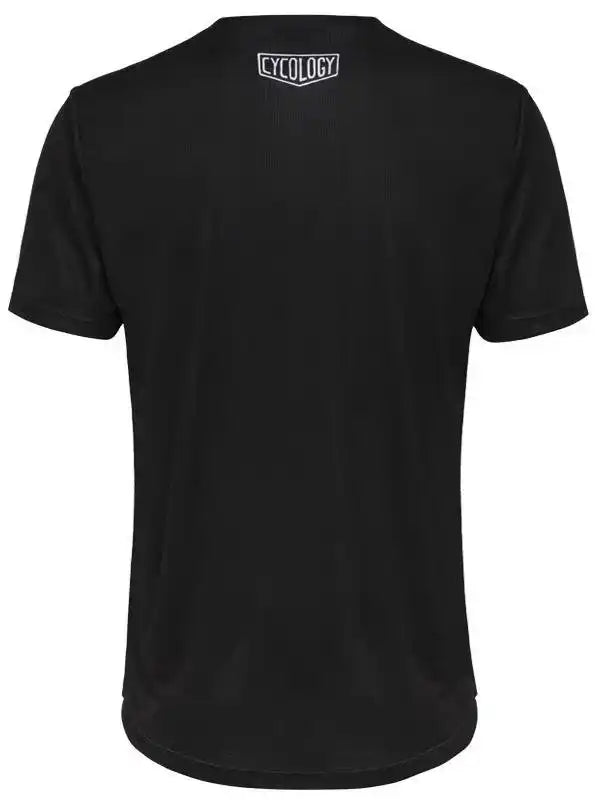 Black men's cycling t-shirt with small white logo at back neck, made from breathable performance fabric.