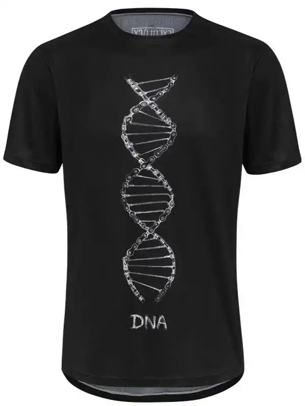 Black cycling jersey with DNA double helix graphic made of bike chain links, bold 'DNA' text below