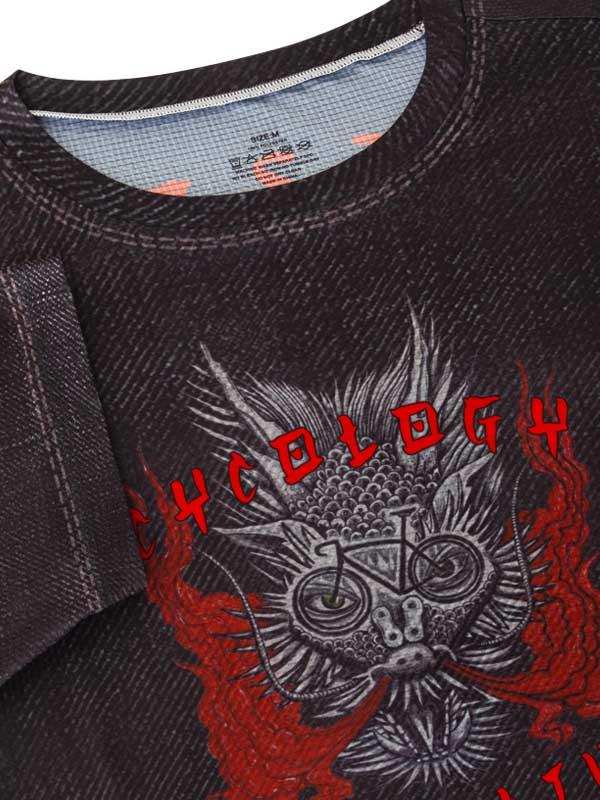 Men's cycling t-shirt with bold red 'CYCOLOGY' graphic and dragon design on dark fabric