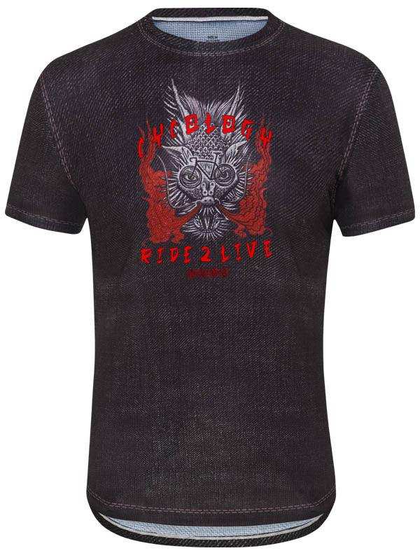 Men's dark denim cycling t-shirt with red skull graphic and 'RIDE 2 LIVE' text, ideal for bike rides.
