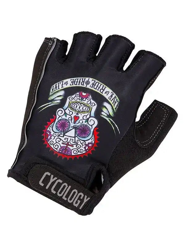 Black fingerless cycling glove with sugar skull design, 'Live to Ride' text, and CYCOLOGY wrist label