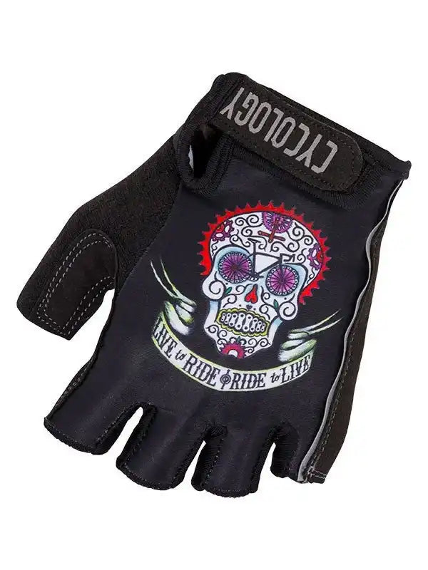 Black cycling glove with sugar skull design, 'Live to Ride' text, fingerless style for men and women