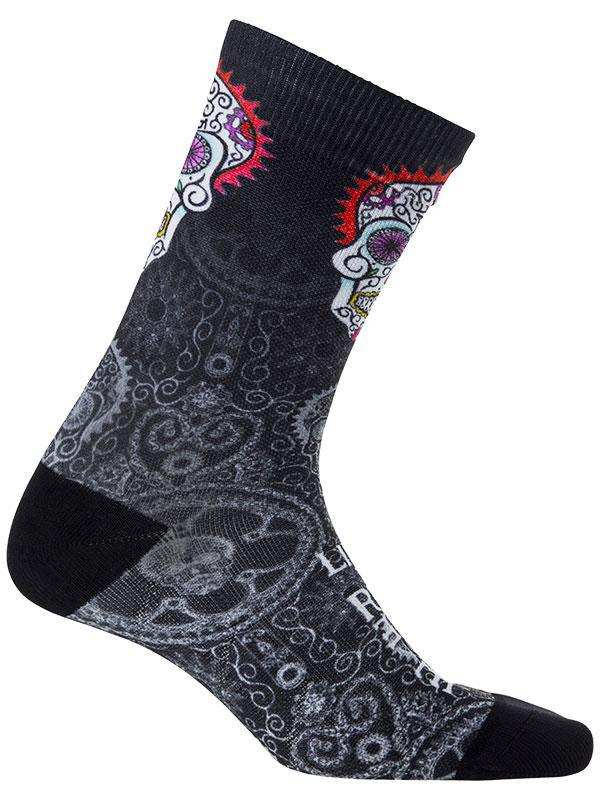 Black cycling sock with colorful sugar skull and paisley design, ideal for men's and women's bike rides