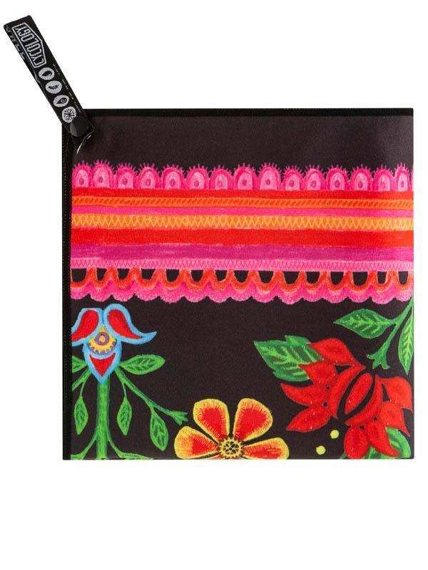 Black pouch with vibrant floral and geometric patterns, colorful stripes, and decorative zipper pull