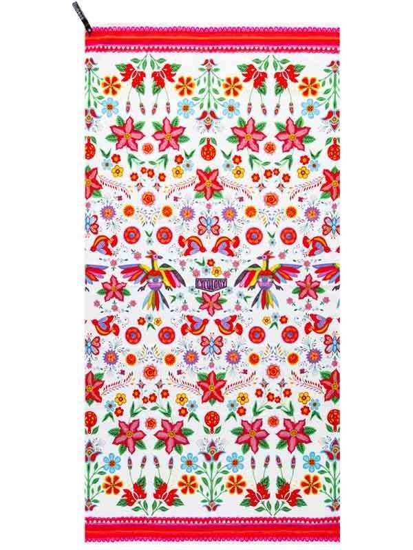 Vibrant floral and bird patterned cycling towel with colorful embroidery, ideal for riders