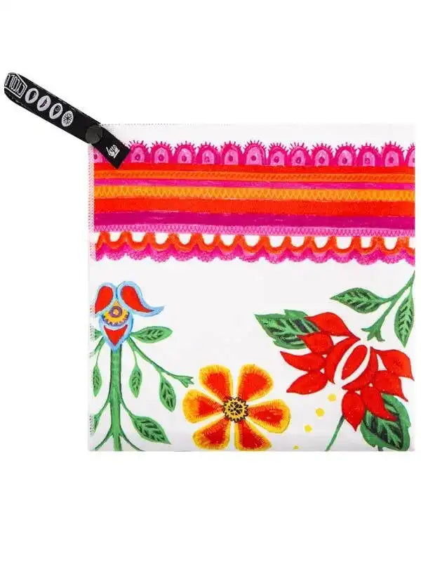 Vibrant floral cycling pouch with colorful embroidered flowers and striped trim, perfect for bike gear storage.