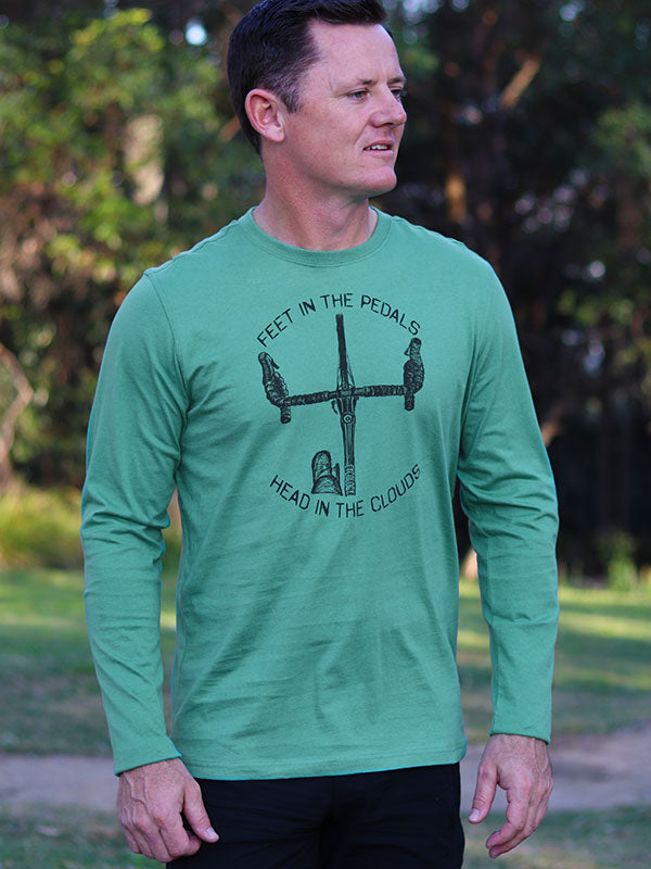 Feet in Pedals Green Men's Long Sleeve T-shirt on model | Cycology AUS