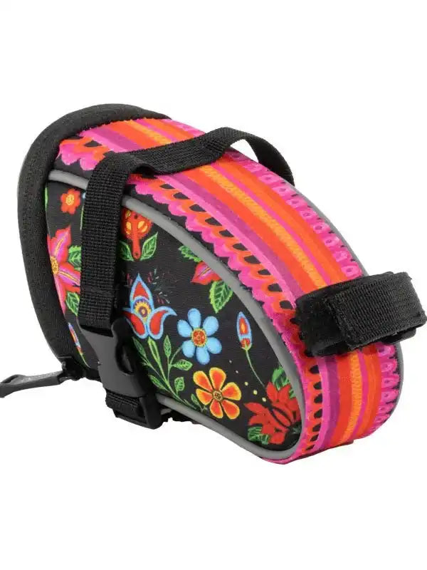 Colorful floral cycling saddle bag with black straps and reflective trim for bike storage