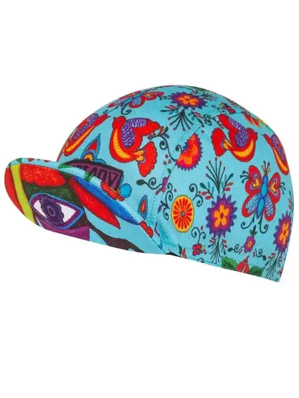 Colorful floral cycling cap with vibrant butterfly and flower print on light blue background