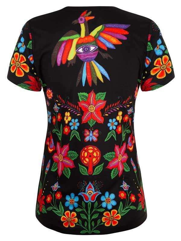 Women's black cycling jersey with vibrant floral and bird print, colorful design for active wear