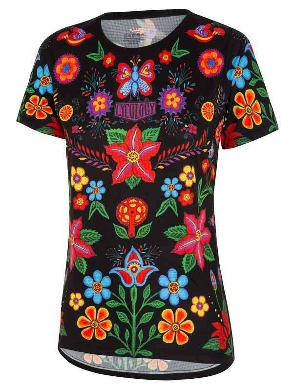 Women's black cycling jersey with vibrant floral and butterfly print, breathable mesh hem