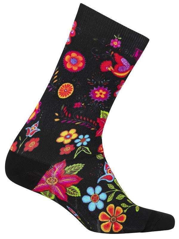Black cycling sock with vibrant floral pattern, colorful flowers and leaves design for men and women