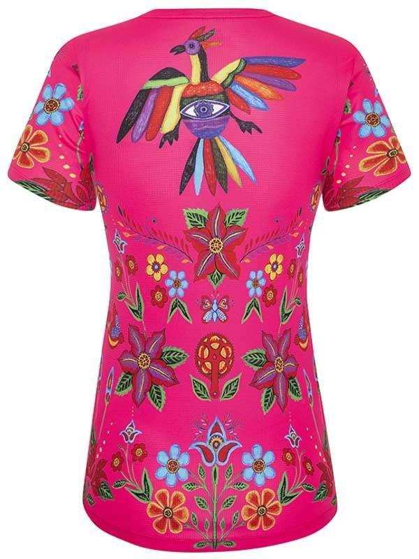 Vibrant pink women's cycling jersey with colorful floral and bird print, ideal for road or mountain biking.