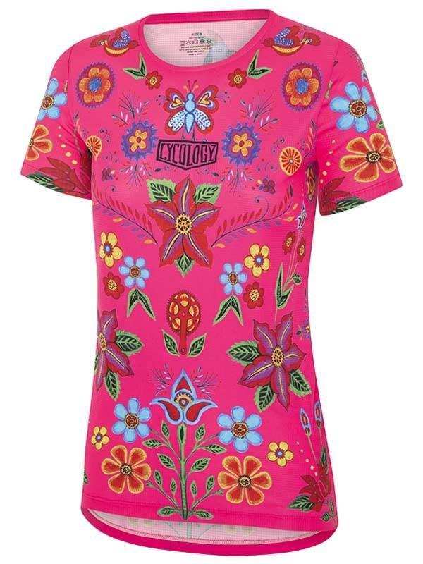 Vibrant pink women's cycling jersey with floral and butterfly print, featuring breathable fabric and performance fit.