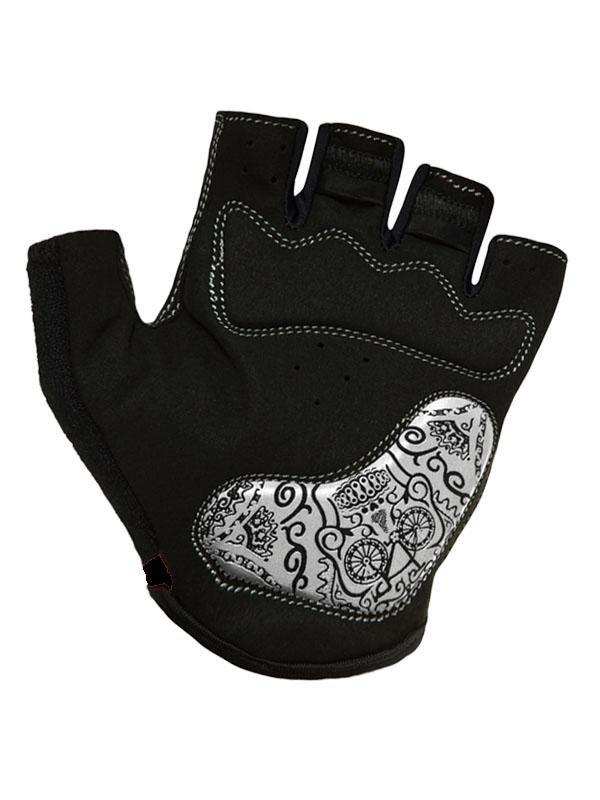 Black fingerless cycling glove with silver sugar skull design, breathable fabric, and padded palm for comfort.