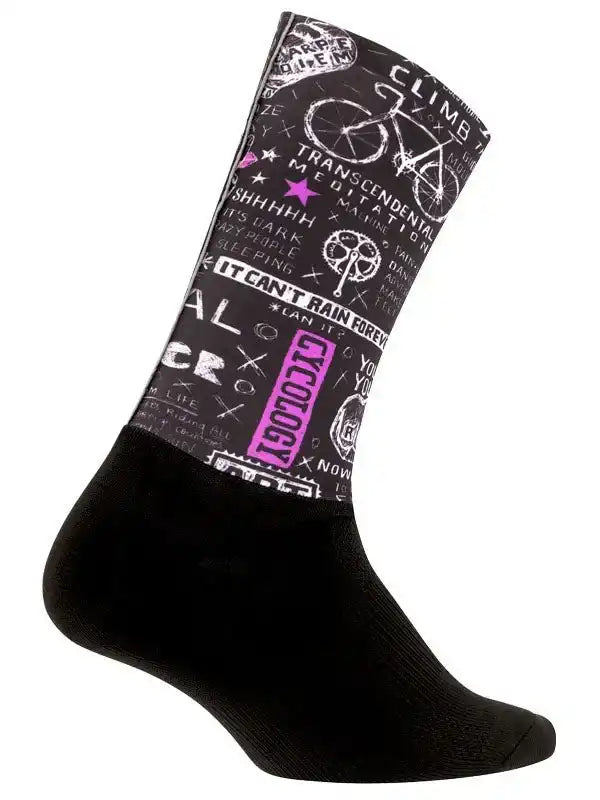 Cycling sock with bold graphic print, bike motifs, and purple 'CYCOLOGY' text on black background