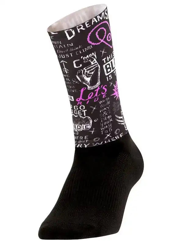 Black cycling sock with bold pink and white motivational graphics, perfect for road or mountain biking adventures.
