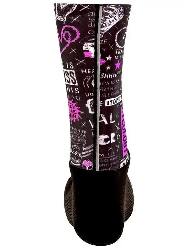 Black cycling shoe cover with pink graffiti-style graphics and text design