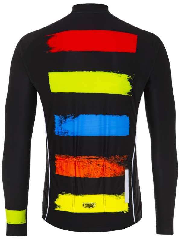 Men's black long-sleeve cycling jersey with bold red, yellow, blue, and orange brushstroke stripes, reflective details