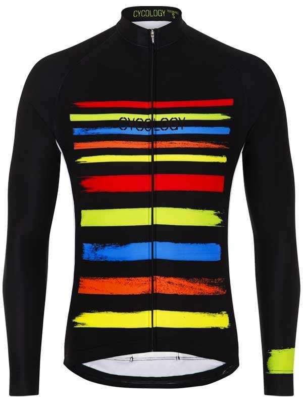 Men's long sleeve cycling jersey with colorful horizontal stripes, full zip, and reflective details for road biking.