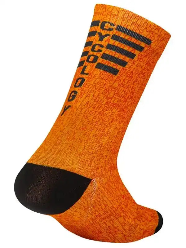 Orange cycling sock with black toe and heel, featuring bold 'CYCOLOGY' text and striped design for performance rides.