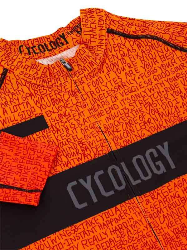 Orange cycling jersey with bold text print and black panel, featuring 'CYCOLOGY' branding for men's and women's bike wear.