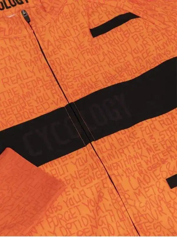 Orange cycling jersey with black text print and reflective band, designed for men and women riders.