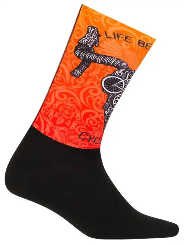 Orange cycling sock with bike graphic and 'Life Be' text, black foot, floral pattern, men's women's bike apparel