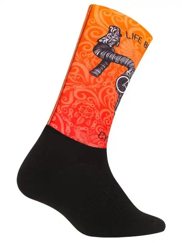 Vibrant orange cycling sock with black cyclist graphic and swirl pattern, ideal for bike rides and athletic wear.