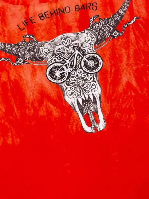 Red cycling jersey with bull skull and bike graphic, 'Life Behind Bars' text