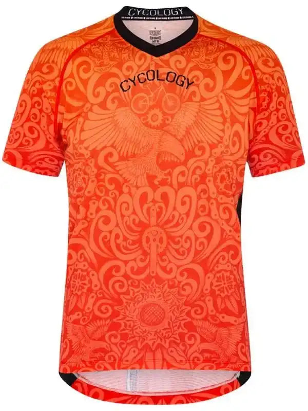 Vibrant orange men's cycling jersey with intricate swirl patterns and bold 'CYCOLOGY' branding, designed for performance and style.