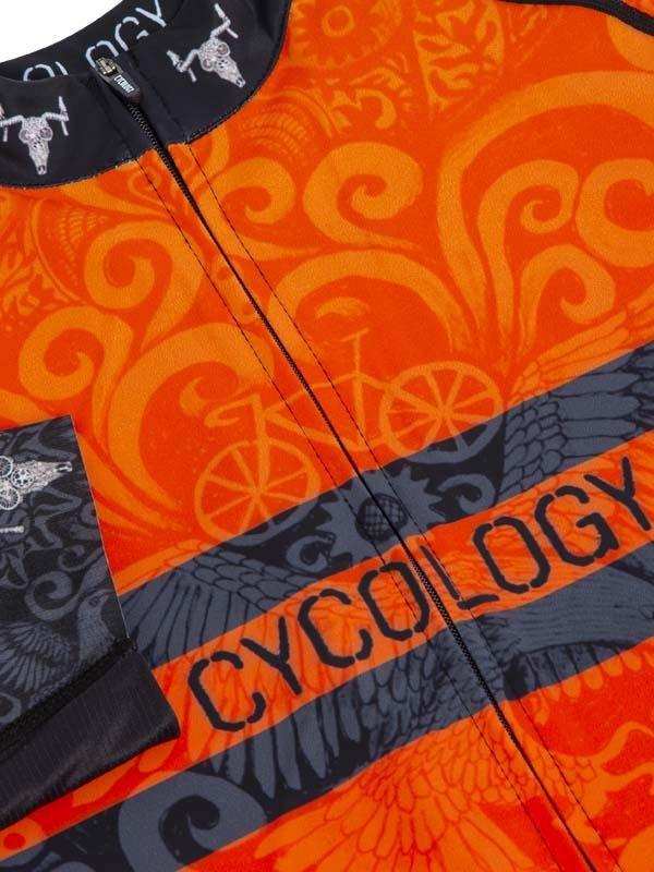 Vibrant orange cycling jersey with bold swirls, bike graphics, and 'CYCOLOGY' stripe detail