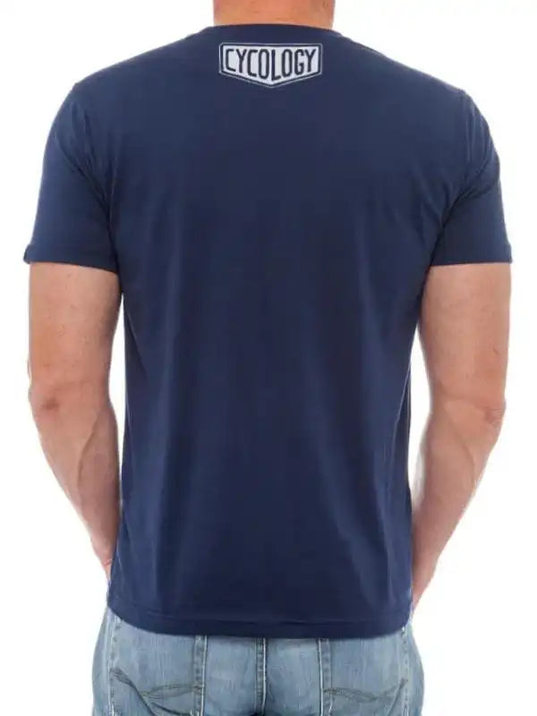 Men's navy blue cycling t-shirt with 'CYCOLOGY' logo on back, ideal for casual or ride wear