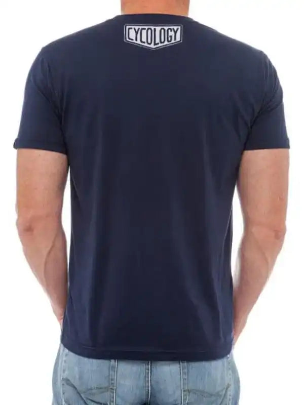 Men's navy blue cycling t-shirt with 'CYCOLOGY' logo on back, casual fit for active lifestyle
