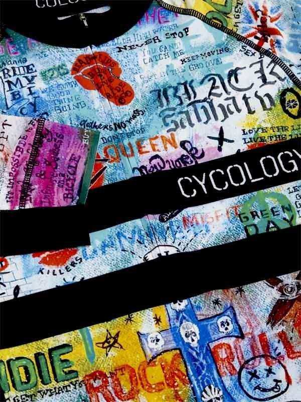 Colorful punk rock cycling jersey with band graphics and bold text designs