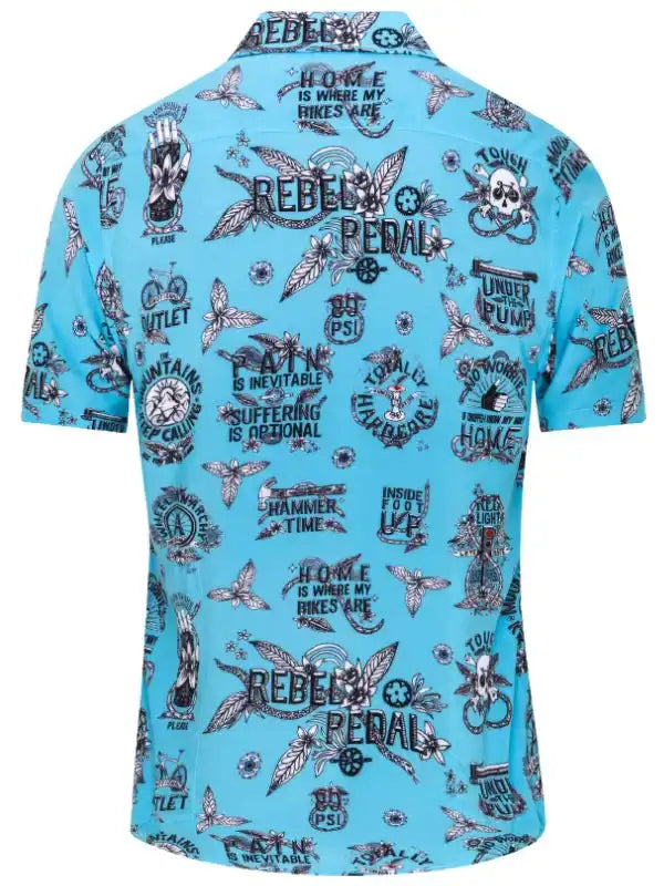 Men's blue cycling shirt with rebel pedal graphic print, featuring bold text and skull designs for bike lovers.