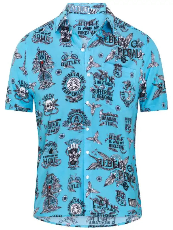 Men's blue cycling-themed button-up shirt with rebel pedal and mountain bike graphics