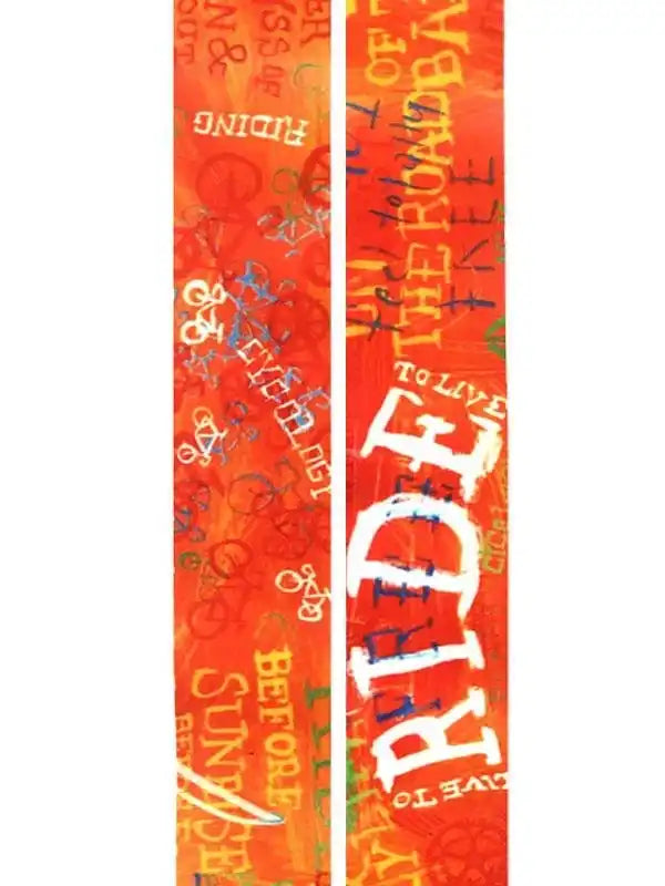 Vibrant orange cycling jersey with bold 'RIDE' print and bike graphics, perfect for road cycling enthusiasts.