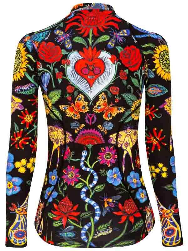 Women's cycling jersey with vibrant floral and butterfly print, featuring heart design on black background