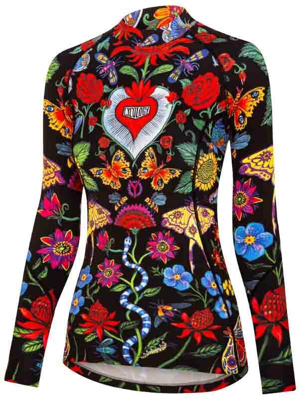 Women's long sleeve cycling jersey with vibrant floral and butterfly print, featuring a heart logo on back.