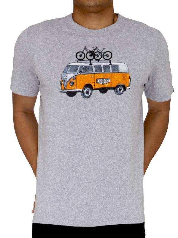 Grey men's t-shirt with vintage van and bikes graphic, cycling apparel design