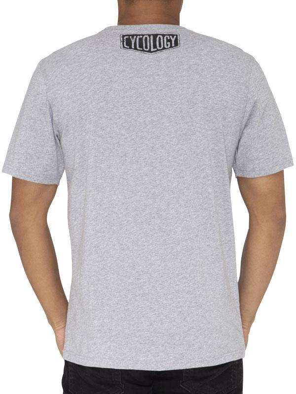 Grey men's cycling t-shirt with 'CYCOLOGY' logo on back, casual fit for active lifestyle
