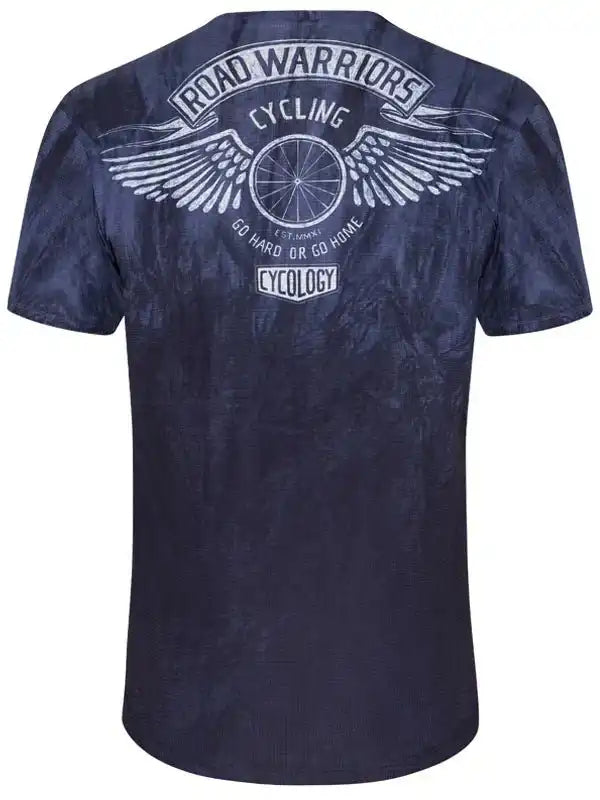Men's cycling t-shirt with 'Road Warriors' graphic, wings, and bike wheel design on navy tie-dye fabric
