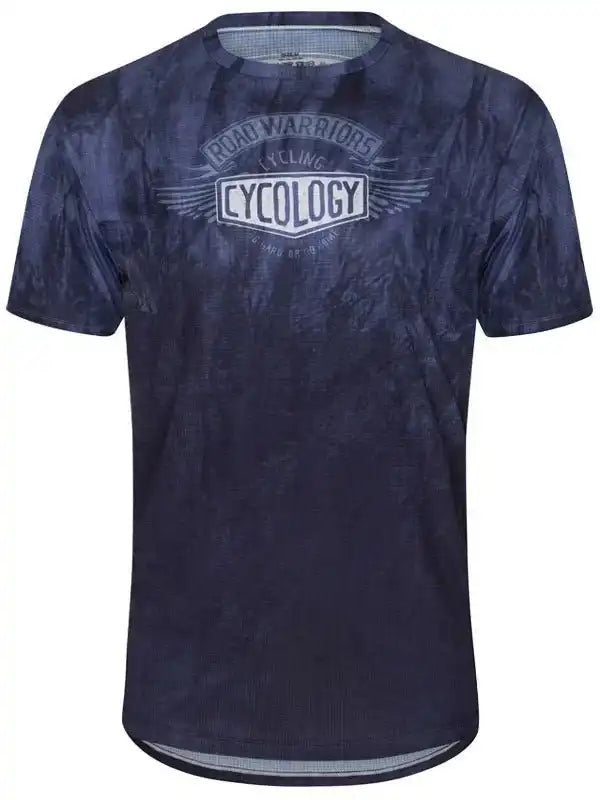 Men's navy cycling jersey with 'Cycology' graphic, ideal for road warriors and performance rides.