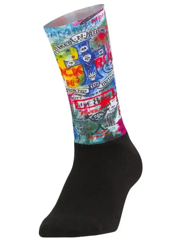 Colorful graffiti-style cycling sock with bold graphics and black foot, designed for bike riders.
