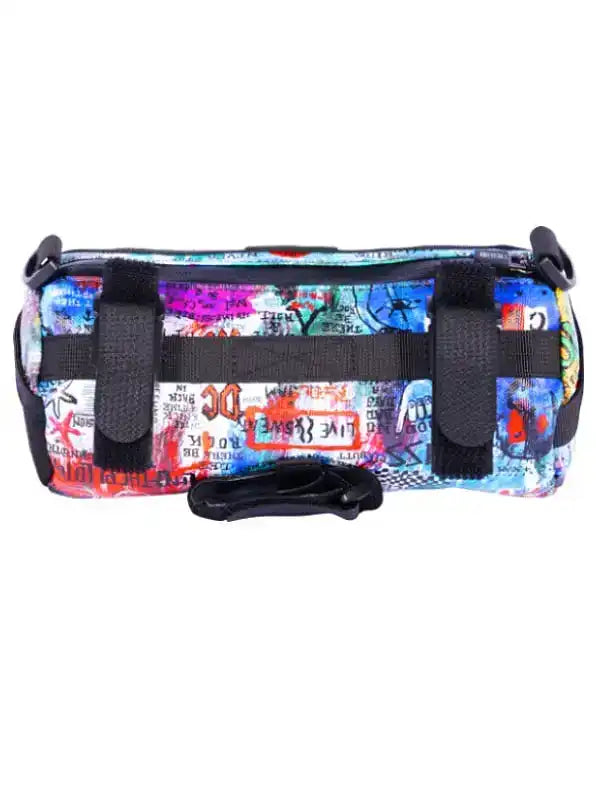 Colorful graffiti-style cycling frame bag with black straps, ideal for bike storage and urban rides.